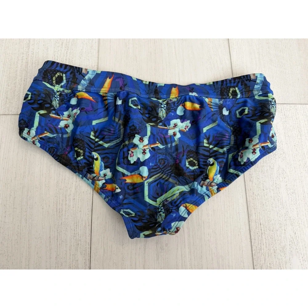 Mundo Unico Men's Brief Swimsuit Sz XL Blue Colorful Floral Toucan